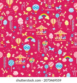 Vector Hot Pink Candyland and Fun Fair seamless pattern background. Perfect for fabric, scrapbooking, wallpaper projects