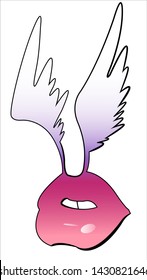 Vector hot pink lips with white wings on the white background.