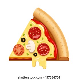 Vector hot pizza slice with sticky melting cheese, tomato and salami icon