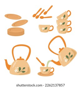 Vector hot pot tea set. Vector teapot set. Teapot set illustration for sticker, cafe and book cover.