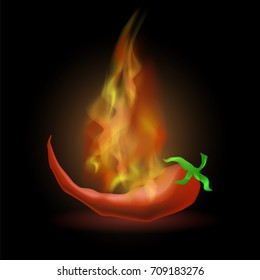Vector Hot Red Fresh Pepper with Fire Flame on Dark Background