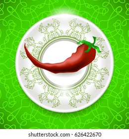 Vector Hot Red Pepper on White Plate and Green Ornamental Tablecloth