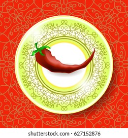 Vector Hot Red Pepper on White Plate and Modern Ornamental Tablecloth