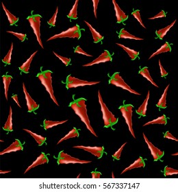 Vector Hot Red Peppers Seamless Pattern on Black Background