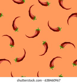 Vector Hot Red Peppers Seamless Pattern on Orange Background