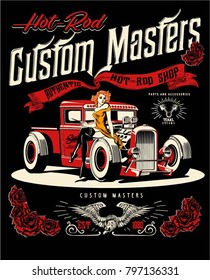 Vector Hot Rod Cars And Pin Up Girls Illustration