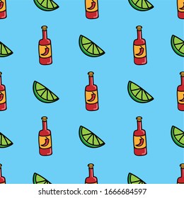 Vector Hot Sauce With Sliced Limes On Blue Sky Background Seamless Pattern Design.