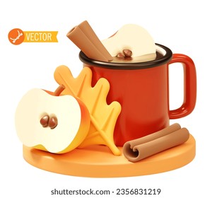 Vector hot spiked apple cider in cup. Metal mug, cinnamon sticks, apple slices, autumn cocktail illustration, fall drink