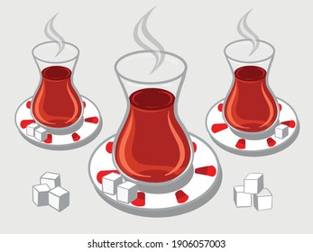 Vector hot steaming Turkish tea cups with sugar cubes background Can be used for cafe or restaurant interior design poster banner card template design elements or for any another use 