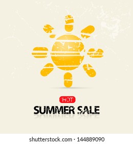 Vector Hot Summer Sale Title with Yellow Sun Symbol on Light Background