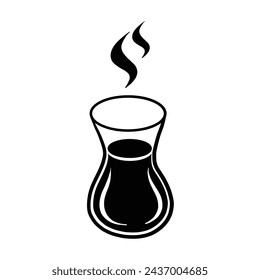 Vector hot Turkish tea cup isolated icon illustration. Silhouette Turkish tea cup symbol on white background. Glass tea cup. Vector design element for graphic design. Traditional drink in Turkey. 