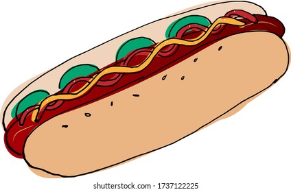 Ilustración vectorial de Perro Caliente. Hotdog. Vector aislado de ilustración plana de comida rápida para afiches, menús, folleto, web y comida rápida de iconos.