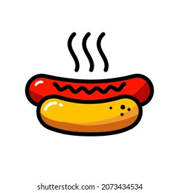 Vector hotdog simple icon template. Color street fast food symbol illustration. Flat american hot dog logo background. Simple concept for cafe, stall, delivery
