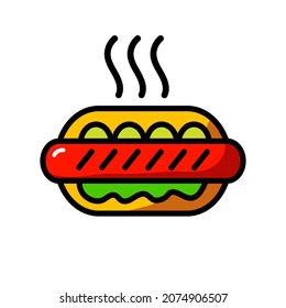 Vector hotdog simple icon template. Color street fast food symbol illustration. Flat american hot dog logo background. Simple concept for cafe, stall, delivery