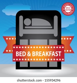 Vector : Hotel or Accommodation Business Concept Present By Hotel or Apartment Sign With Red Bed and Breakfast Ribbon in Blue Sky Background