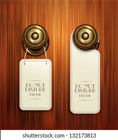 Vector hotel handles with hanging signs on the wooden background