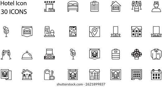 Vector Hotel Icons Set. 30 Minimalist Hospitality Symbols for Travel Designs.