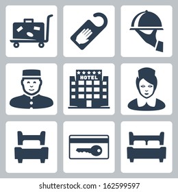 Vector hotel icons set: luggage cart, 'do not disturb' sign, dish, receptionist, five-star hotel, chambermaid, single bed, key card, double bed