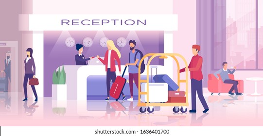 Vector of a hotel reception with travelers checking in, porter man carrying bags and guest relaxing in the lobby