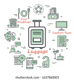 Vector hotel service square concept - luggage bag with wheels