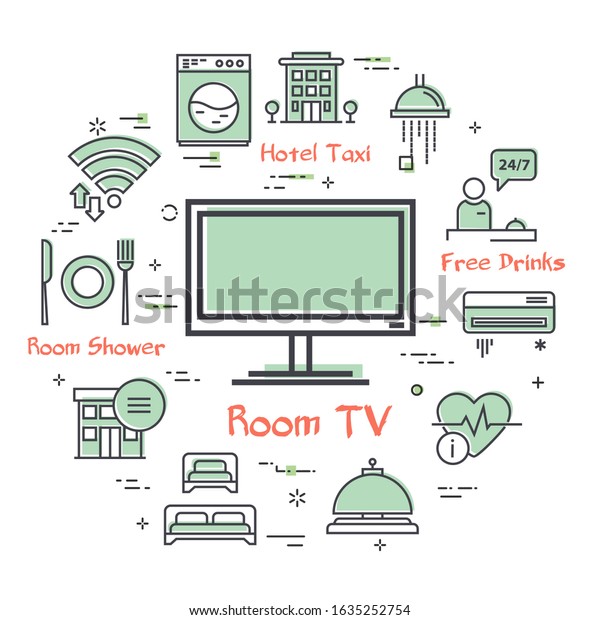Vector hotel\
service square concept - TV in\
room