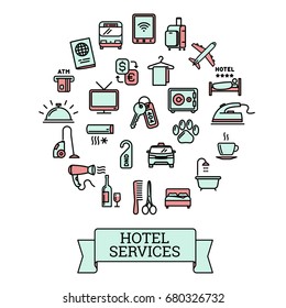 Vector hotel services related set of 25 color outline icons for UI, web design. Laundry, minibar, cleaning & other service symbols; bed, television, aircon signs