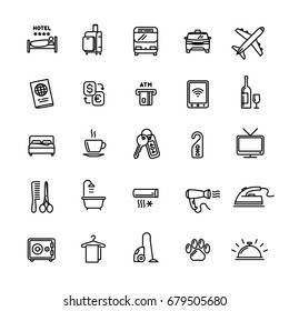 Vector hotel services, travel, vacation and tourism related set of 25 light outline icons for UI, web design. Laundry, minibar, cleaning & other service symbols; bed, television, aircon signs