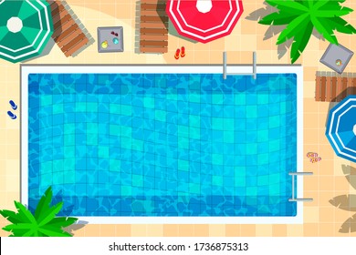 Vector hotel swimming pool with rest accessory top view. Water activity, tropical resort recreation. Lounge area with deck chair table under palm tree. Tourism, summertime vacation entertainment