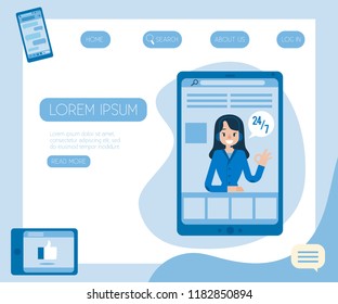 Vector hotline support poster, online female assistant in headset showing okey gesture from smartphone screen. Customer support woman, call center symbol and communication technologies.