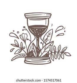 Vector hourglass with growing flower bouquet, plants, foliage and leaves. Retro vintage sandglass and countdown time emblem, sign or label. Creative logo concept, symbol of history and philosophy