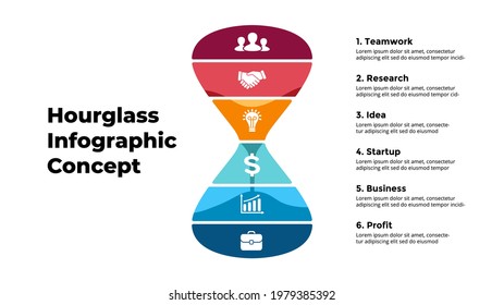 Vector hourglass hourglassInfographic. Presentation slide template. Time concept with 6 steps to result.