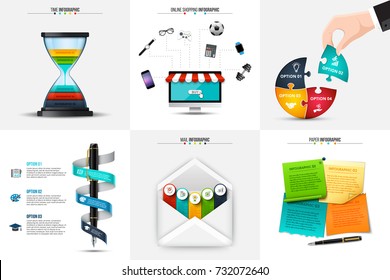 Vector hourglass, puzzle, pen, envelope and stickers for infographic. Business concept with 3, 4 and 5 options, parts, steps or processes.