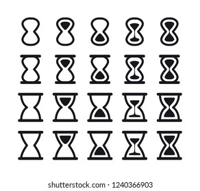 Vector hourglass sprites illustration for animation frames. Black sand clocks on white background. Use in game development, mobile games or motion graphic.