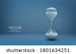Vector hourglass with transparent glass flask and white sand on a blue background. Realistic illustration with sandhours. Template for layout, design.
