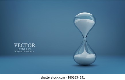 Vector hourglass with transparent glass flask and white sand on a blue background. Realistic illustration with sandhours. Template for layout, design.
