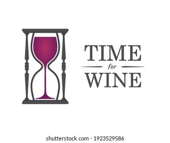 Vector hourglass as a wine glass. Text: Time for wine. isolated on white background.