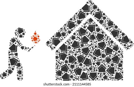 Vektorhausarsonist Ikone Collage. Die arsonistische Kollektion des Hauses besteht aus willkürlichen, rekursiven Hausarsonisten-Elementen. Wiederbelebende Collage für die Ikone des Hausarsonisten.