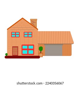 vector House Art with house building, windows, tiles, garage and small plants 
