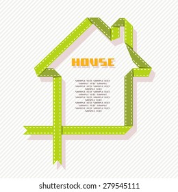 Vector house banner of green paper ribbon. Icon real estate for sale. Simple illustration for print, web