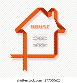 Pancarta de la casa de los vectores de la cinta roja de papel. Bienes inmobiliarios en venta. Ilustración simple para impresión, web