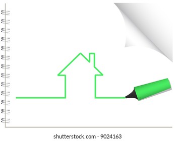 Vector - House being drawn with a highlighter pen. Concept: Housing