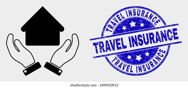 Vector house care hands pictogram and Travel Insurance seal stamp. Red round textured seal stamp with Travel Insurance caption. Vector composition in flat style.