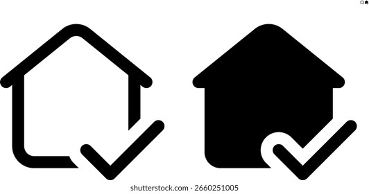 Casa de Vector con icono de marca de verificación en el contorno y estilos sólidos para UI y Diseño web, 48px, margen del 10%