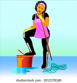 Vector house cleaning girl color image.