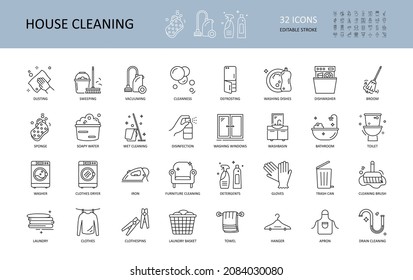 Iconos de limpieza del vector. Stroke editable. Limpieza, desempolvado de lavavajillas descongelador aspirador de barrido. Desinfección ventanas de limpieza húmeda detergentes mobiliario de escoba de lavado de hierro