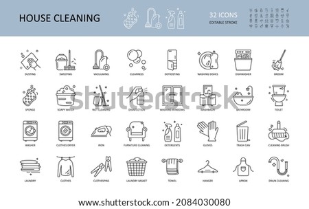 Vector house cleaning icons. Editable Stroke. Cleanup, dusting dishwasher defrosting sweeping vacuuming. Disinfection wet cleaning windows detergents iron laundry broom furniture