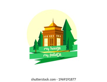 vector house design and some trees thanks to my house my palace writing ribbon