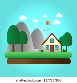 Vector house dream house. The sky is bright and the clouds are white.