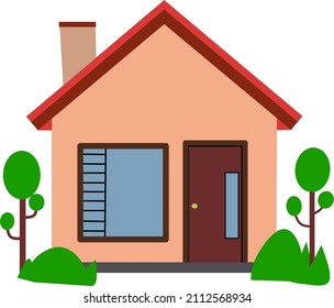 Vector House Emoji. Flat Vector House Emoji Design With Wide Window Beside Door