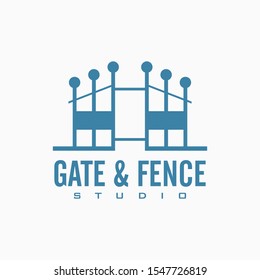 Vector house fence logo template in blue color, abstract business icon